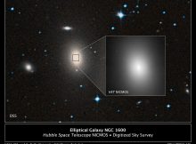 A sky survey image of the massive galaxy NGC 1600, and a Hubble Space Telescope near-infrared closeup of the bright center of the galaxy where the 17-billion-solar-mass black hole — or binary black hole — resides. Digitized Sky Survey (DSS), STScI/AURA, Palomar/Caltech, UKSTU/AAO, and A. Quillen (University of Rochester).