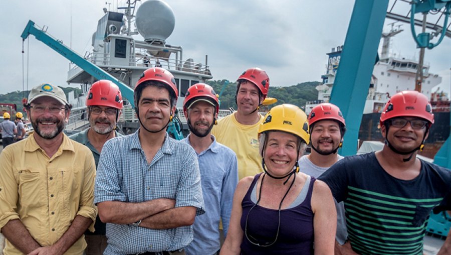 Members of the research team get ready to unload the MV Alucia at the end of the Panama expedition: (front row left to right) Héctor Guzman, Smithsonian Tropical Research Institute; Jesús Pineda, WHOI; Vicke Starczak, WHOI; Yogesh Girdhar, WHOI; (back row, left to right) James Churchill, WHOI; Rusty Holleman, San Francisco Estuary Institute; AUV specialist Jeff Anderson; and Walter Cho, Point Loma Nazarene University. (Photo courtesy of Ocean Media Institute)