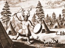 Depiction of an Evenki shaman wearing antler headdress (after Witsen 1785, 655)