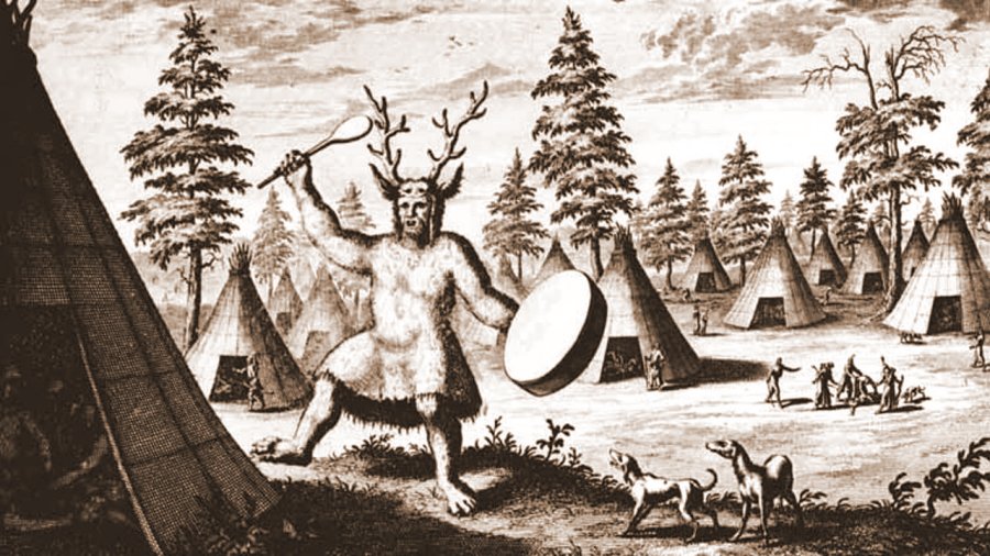 Depiction of an Evenki shaman wearing antler headdress (after Witsen 1785, 655)