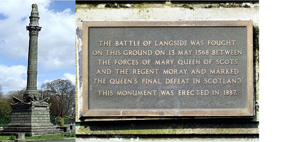 Left: Monument erected to commemorate the Battle of Langside via Wikipedia;Right: Plaque at monument commemerating the Battle of Langside. Photo via Scotcities.com