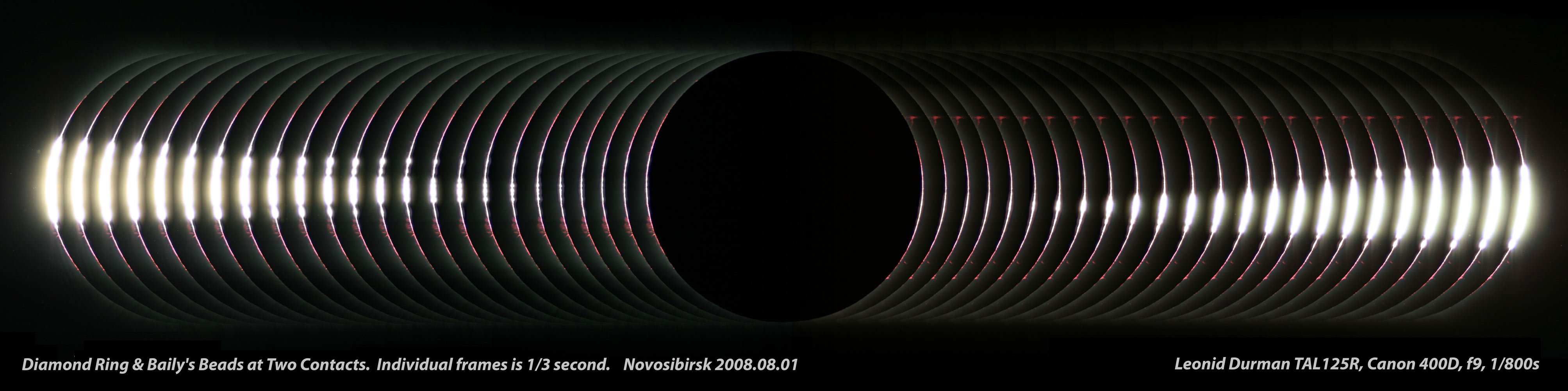 Just before the Sun blacks out, something strange occurs. As the Moon moves to completely cover the Sun in a total solar eclipse -- like the one set to occur over parts of Australia on Tuesday -- beads of bright sunlight stream around the edge of the Moon. This effect, known as Baily's beads, is named after Francis Baily who called attention to the phenomenon in 1836. Although, the number and brightness of Baily's beads used to be unpredictable, today the Moon is so well mapped that general features regarding Baily's beads are expected. When a single bead dominates, it is called the diamond ring effect, and is typically seen just before totality. Pictured above, horizontally compressed, a series of images recorded Baily's beads at times surrounding the 2008 total solar eclipse visible from Novosibirsk, Russia. At the end of totality, as the Sun again emerges from behind the moon, Baily's beads may again be visible -- but now on the other side of the Moon.