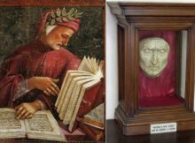 Left: Dante Alighieri, detail from Luca Signorelli's fresco, Chapel of San Brizio, Orvieto Cathedral; Right: A recreated death mask of Dante Alighieri in Palazzo Vecchio, Florence