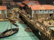 Londinium Bridge. This model shows how the Romans built the first bridge across the River Thames, where London Bridge now stands. Credits: Museum of London