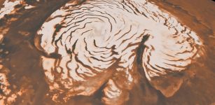 The north polar ice cap of Mars is seen in this mosaic view, which scientists made by combining data from the European Mars Express spacecraft and NASA's Mars Reconnaissance Orbiter. The spiral features help scientists understand how ice ages on Mars work. Credit: ESA/DLR/FU-Berlin/Ralf Jaumann