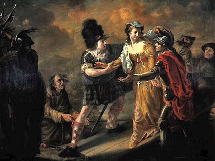 An oil painting of Mary, Queen of Scots escaping from Lochleven Castle by William Craig Shirreff (1805)