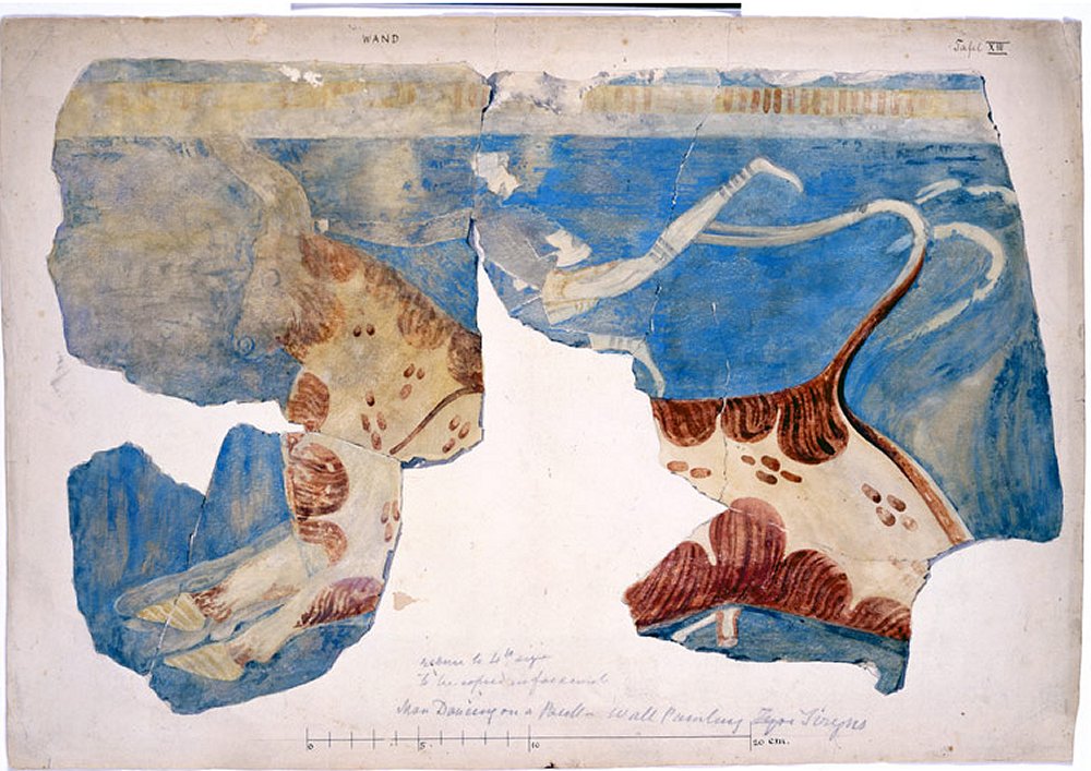 A painting of a mural unearthed at the remains of the Tiryns palace is used as the front cover of Heinrich Schliemann’s report released in 1885. (Provided by the Tenri University Sankokan Museum)