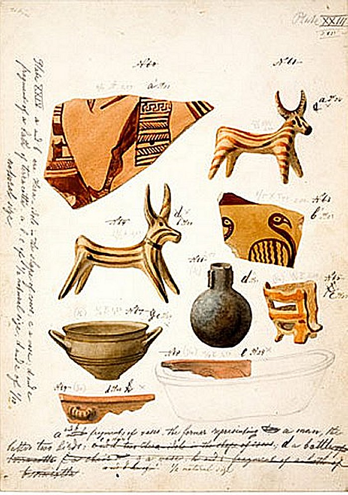 A painting of a mural unearthed at the remains of the Tiryns palace is used as the front cover of Heinrich Schliemann’s report released in 1885. (Provided by the Tenri University Sankokan Museum)