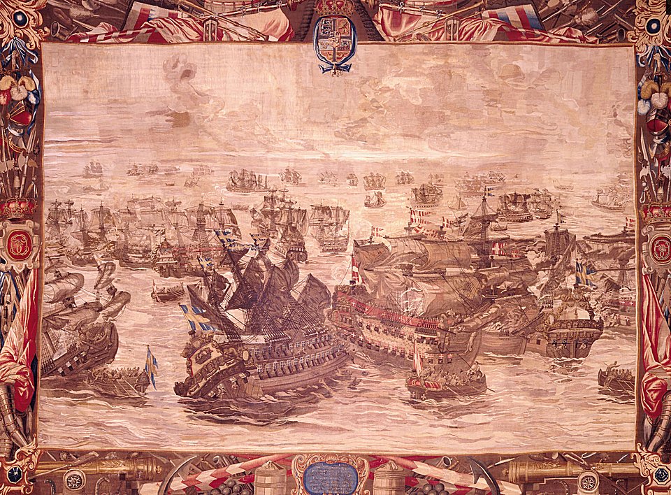 In the centre the flagship “Kronan” (The Crown) is sinking, while being shelled by the “Christianus Quintus” (Christian V). To the right the “Svärdet” (The Sword) surrenders and to the left “Äpplet” (The Orb) runs ground.