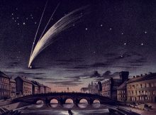 Comet C/1858 L1 (Donati) on October 5, 1858. Note the Big Dipper to the right. The bright star near the comet's head is Arcturus in the constellation Bootes. Image via Wikipedia