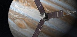 In the evening of July 4, Juno will perform a suspenseful orbit insertion maneuver, a 35-minute burn of its main engine, to slow the spacecraft by about 1,212 miles per hour (542 meters per second) so it can be captured into the gas giant’s orbit. Once in Jupiter’s orbit, the spacecraft will circle the Jovian world 37 times during 20 months, skimming to within 3,100 miles (5,000 kilometers) above the cloud tops. This is the first time a spacecraft will orbit the poles of Jupiter, providing new answers to ongoing mysteries about the planet’s core, composition and magnetic fields. Credits: NASA