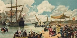 Vasco da Gama ships arrive in Calicut in 1498, by Alfredo Roque