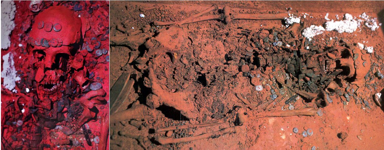 According to the Maya tradition the color red symbolized sacred energies of blood and was associated with death and rebirth so they often covered graves and skeletal remains with cinnabar.