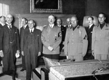 From left to right: Chamberlain, Daladier, Hitler, Mussolini, and Ciano pictured before signing the Munich Agreement, which gave the Sudetenland to Germany. Image via wikipedia