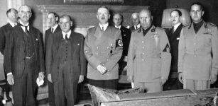 From left to right: Chamberlain, Daladier, Hitler, Mussolini, and Ciano pictured before signing the Munich Agreement, which gave the Sudetenland to Germany. Image via wikipedia