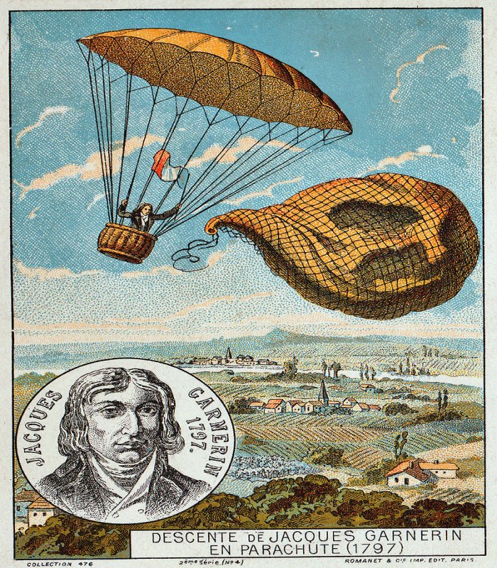 Garnerin releases the balloon and descends with the help of a parachute, 1797. Illustration from the late 19th century.