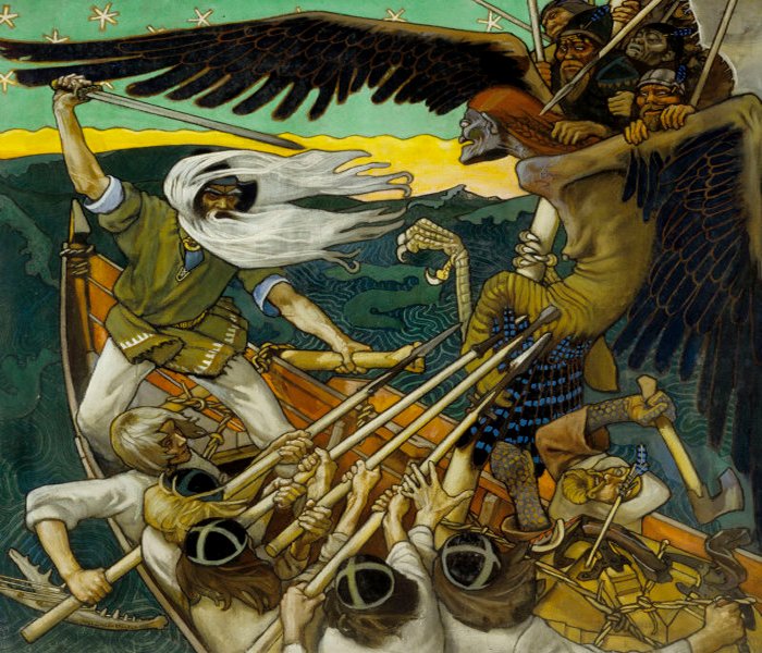 Sampo has been stolen Sampo from Pohjola. The witch Louhi is furious and fights in the guise of a large eagle.