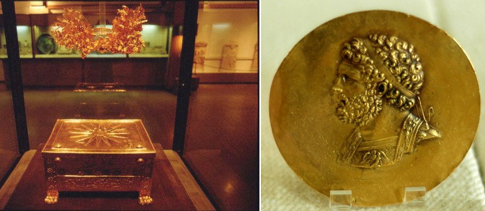 Left: Filip II av Makedonien; Right: The Golden Larnax, at the Archaeological Museum of Vergina, that contains the remains of King Philip II. Images via wikipedia