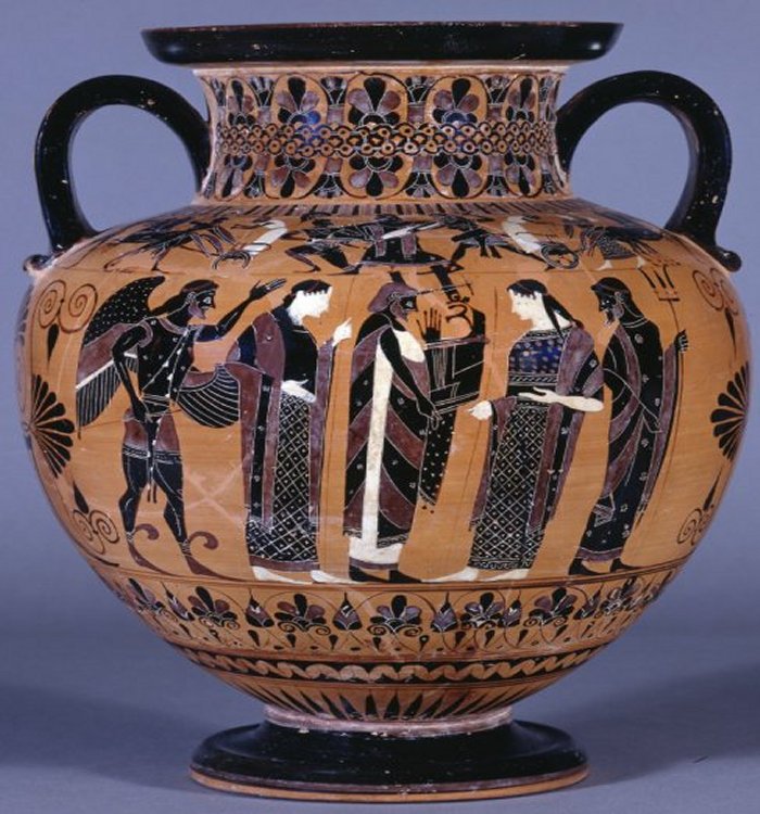 Apollo Plays his Kithara Between Artemis and Leto. Attic Black-Figure Amphora, ca. 550 BC. British Museum, London
