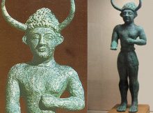 Bronze statuette of male figure wearing a conical cap with horns, know as 'The Horned God' (or 'Apollo Cereates). From Enkomi, Late Bronze Age, 1200-1150., Cyprus Museum, Nicosia