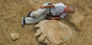 Giant dinosaur footprint in the Gobi Desert