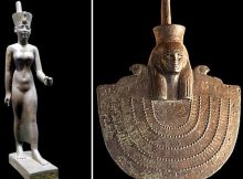 Left: A gilded bronze statuette of the Egyptian goddess of war Neith. 664-332 BCE. (Louvre, Paris); Right: Goddess Neith Aegis of Neith, the Egyptian goddess of war. Gilded bronze, XXVI Dynasty, c. 664-525 BCE. (Museum of Fine Arts, Lyon)