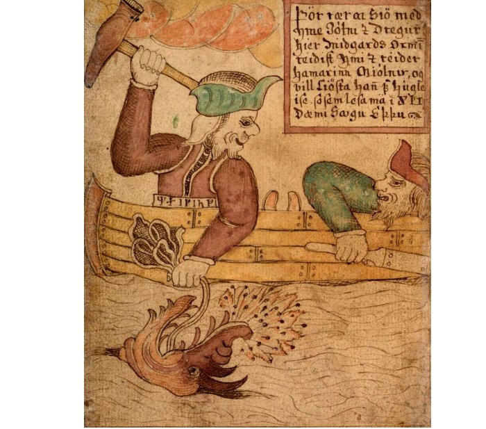 Thor goes fishing for the Midgard Serpent in this picture from an 18th-century Icelandic manuscript. Image via Wikipedia