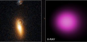 Chandra data show this object gave off a tremendous amount of X-rays, which classifies it as a "hyperluminous X-ray source". Credits: X-ray: NASA/CXC/UNH/D.Lin et al; Optical: NASA/STScI