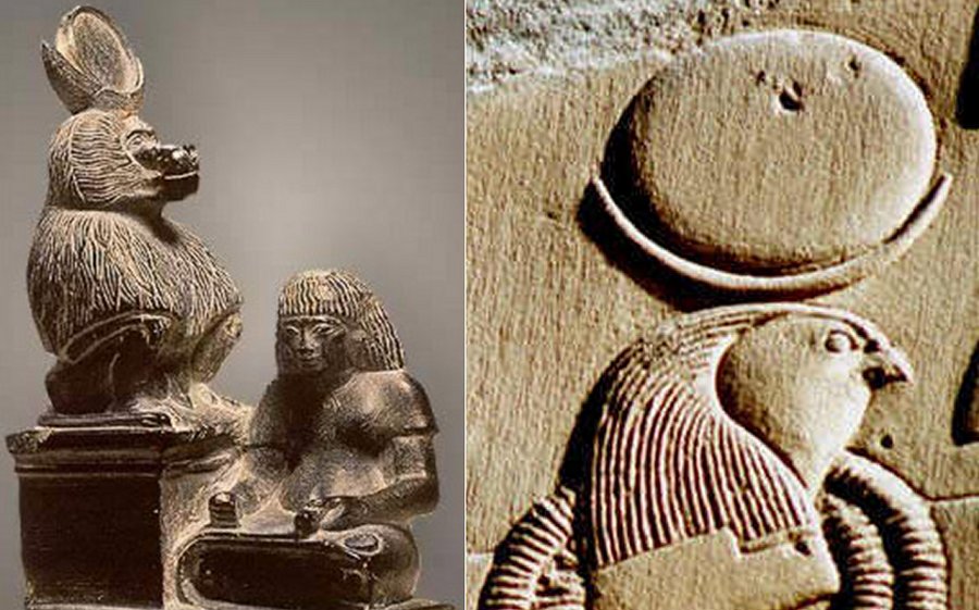 Left: A scribe writes at the feet of Thoth as a baboon with lunar disk and crescent moon. Image via touregypt.net; Right: God Khonsu the Egyptian lunar god of fertility. His headdress consists of a crescent moon, topped by a full moon.