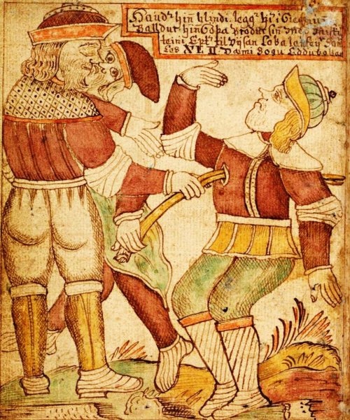 Death of Balder at the hands of the blind god Hod, who was tricked into shooting with mistletoe. Drawing by Olafur Brynjulfsson illustrated a medieval version of the Edda