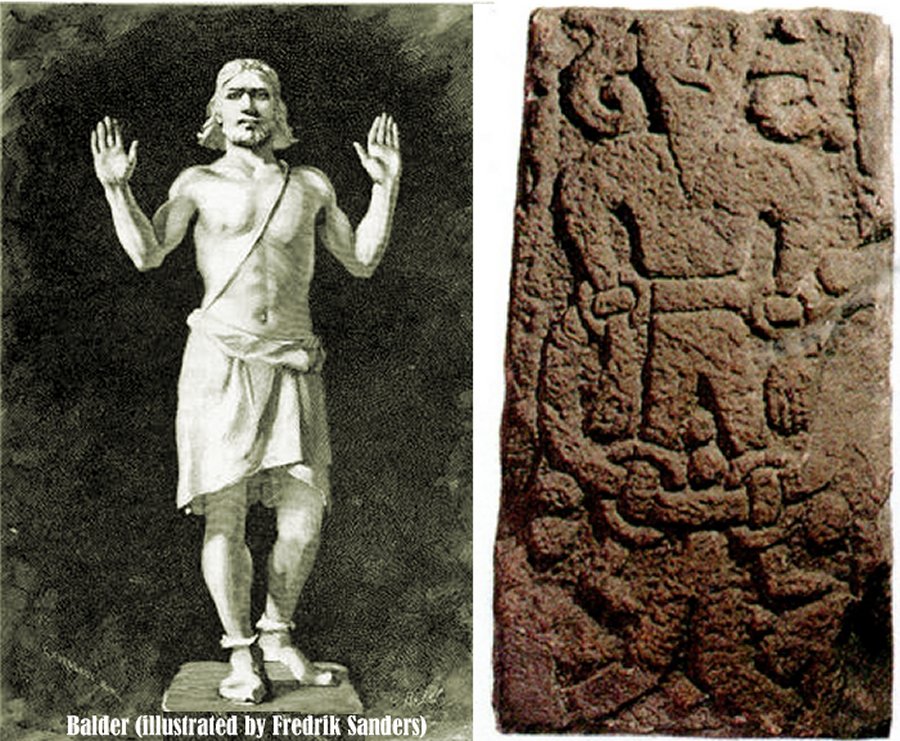 Balder. Image via Wikimedia commons. Right: The gods were determined to punish Loki for death of Balder. He was bound with his own son’s entrails. (stone cross, Cumbria, England
