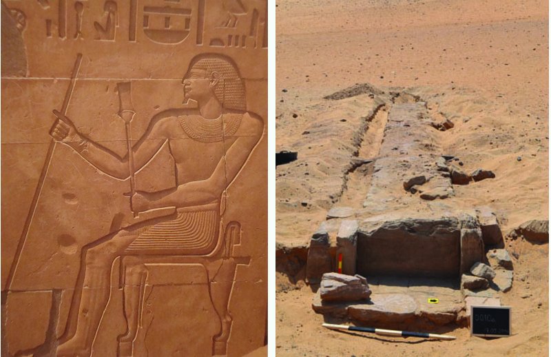 Left: Relief of Sarenput I on a doorjamb outside of his tomb. Image via Wikipedia; Right: The causeway up towards the Qubbet el-Hawa necropolis.