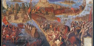 The 1521 Fall of Tenochtitlan, in the Spanish conquest of the Aztec Empire. Image via wikipedia