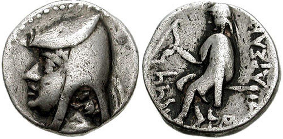 The silver drachma of Arsaces I of Parthia (r. c. 247–211 BC) with a Greek-alphabet inscription of his name. Image via Wikipedia