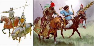 Left: Parthian Cataphracts (Fully Armoured Parthian Cavalry); Right from Left: East Parthian Cataphract (heavy cavalry with man and horse decked in mailed armor.); Middle: Parthian Horse-Archer; Right: Parthian Cataphract from Hatra. Image credit: www.iranchamber.com
