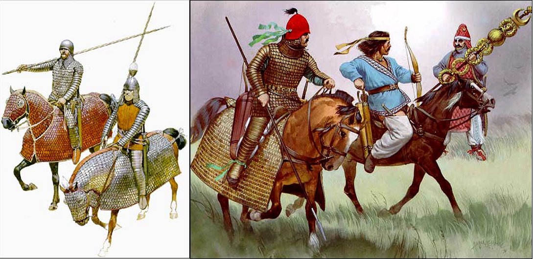 Left: Parthian Cataphracts (Fully Armoured Parthian Cavalry); Right from Left: East Parthian Cataphract (heavy cavalry with man and horse decked in mailed armor.); Middle: Parthian Horse-Archer; Right: Parthian Cataphract from Hatra. Image credit: www.iranchamber.com