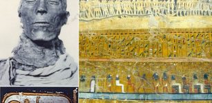 Upper left: Seti I's mummy was found in Deir el Bahari cache. Below: His cartouche and to the right: KV17: Seti I's tomb
