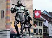 Monument of the Swiss Hero and Patriot with his son.