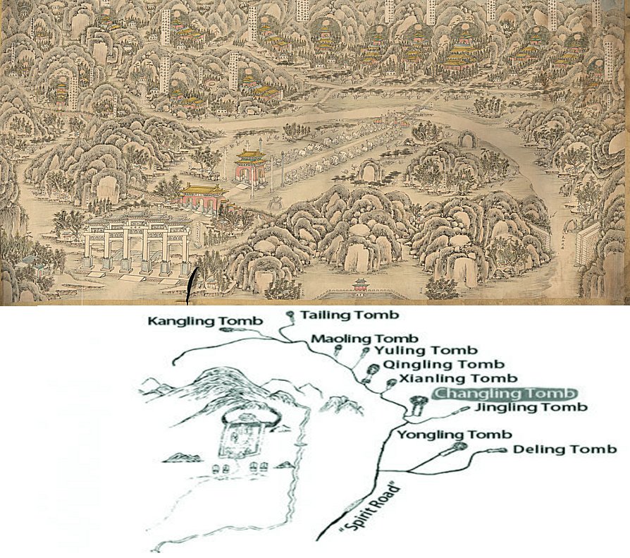 Top image: Watercolor overview of the Ming Tombs. Credits: United States Library of Congress's Geography & Map Division