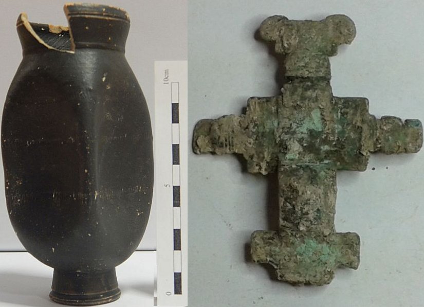 Left: An Anglo Saxon vase; Right: cross unearthed during a dig. Credits: Oxford Archaeology East