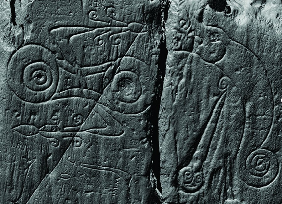 A laser scan image of the Pictish symbols carved at Trusty’s Hill, comprising a z-rod-and-double-disc symbol on the left and a dragon-pierced-by-a-sword symbol on the right © DGNHAS / CDDV