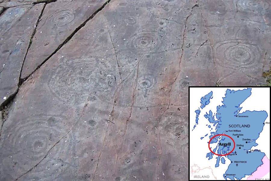 Achnabreck Cup and Ring Rocks, the mysterious motifs consist of a series of spiral ring marks. Picture: Wikimedia Commons