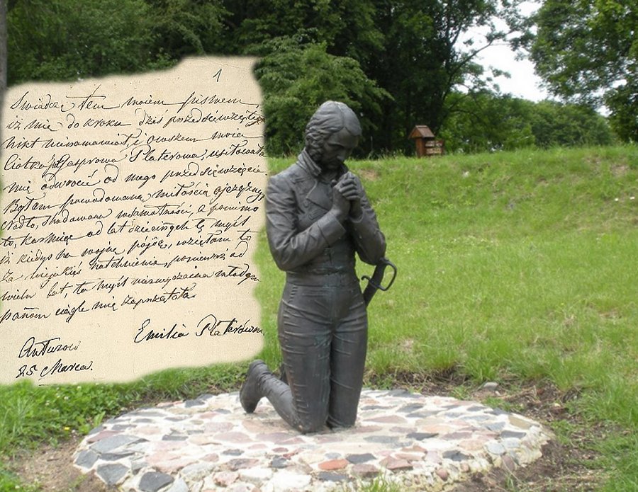 Left: Statement of 25 March 1831, by Emilia Plater on joining the November Uprising; Right: Monument of Emilia Plater at Liksna, in southeastern Lithuania