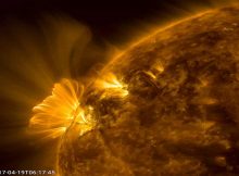 An active region that had just rotated into view blasted out a coronal mass ejection, which was immediately followed by a bright series of post-coronal loops seeking to reorganize that region's magnetic field (April 19, 2017). We have observed this phenomenon numerous times, but this one was one of the longest and clearest sequences we have seen in years. The bright loops are actually charged particles spinning along the magnetic field lines. The action was captured in a combination of two wavelengths of extreme ultraviolet light over a period of about 20 hours. Credit: Solar Dynamics Observatory, NASA.