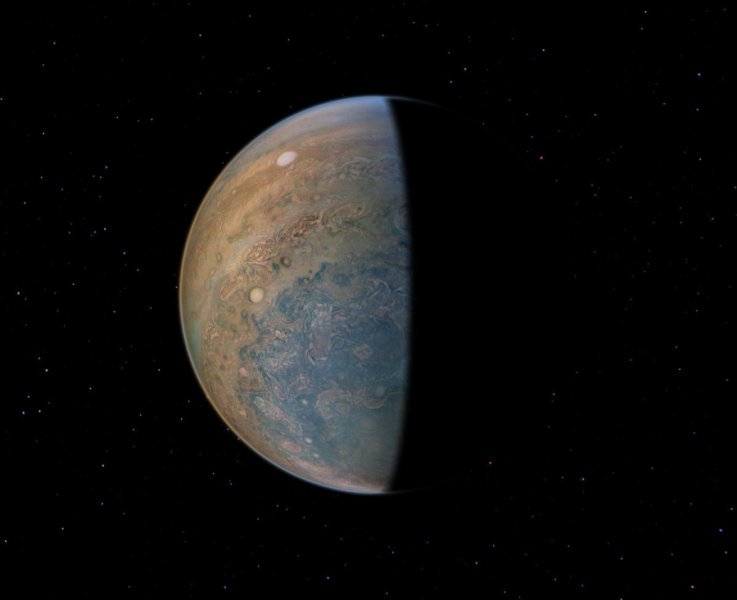 JunoCam image of Jupiter. The SwRI-led Juno mission discovered that Jupiter's signature bands disappear near its poles. This JunoCam image, processed by citizen scientist Bruce Lemons, show a chaotic scene of swirling storms up to the size of Mars against a bluish backdrop. Credit: Image Courtesy of NASA/Bruce Lemons