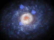 Artist’s impression of a disk galaxy transforming in to an elliptical galaxy. Stars are actively formed in the massive reservoir of dust and gas at the center of the galaxy. Credit: NAOJ