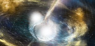 Artist’s conception of a binary neutron star merger, which creates a whirling cloud of radioactive debris and a short gamma-ray burst (jets). (Credit: National Science Foundation/LIGO/Sonoma State University/A. Simonnet)