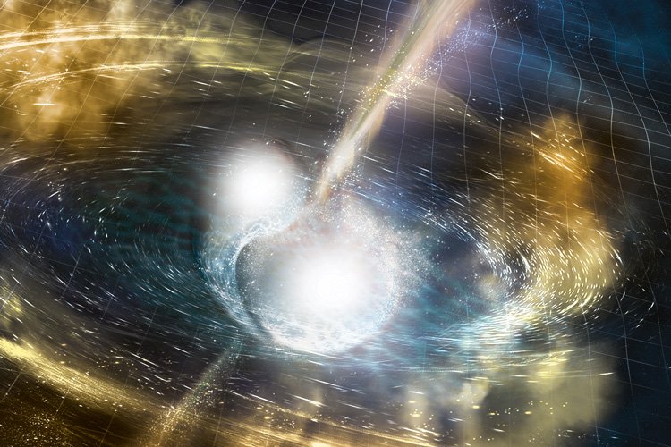 Artist’s conception of a binary neutron star merger, which creates a whirling cloud of radioactive debris and a short gamma-ray burst (jets). (Credit: National Science Foundation/LIGO/Sonoma State University/A. Simonnet)