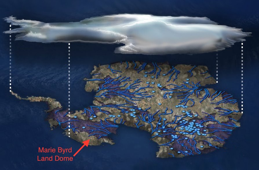 Illustration of flowing water under the Antarctic ice sheet. Blue dots indicate lakes, lines show rivers. Marie Byrd Land is part of the bulging "elbow" leading to the Antarctic Peninsula, left center. Credit: NSF/Zina Deretsky