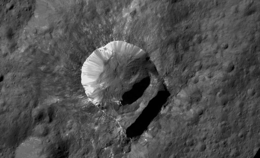 Oxo Crater is an example of bright material found on the rims of a crater on Ceres. Credit: NASA/JPL-Caltech/UCLA/MPS/DLR/IDA/PSI